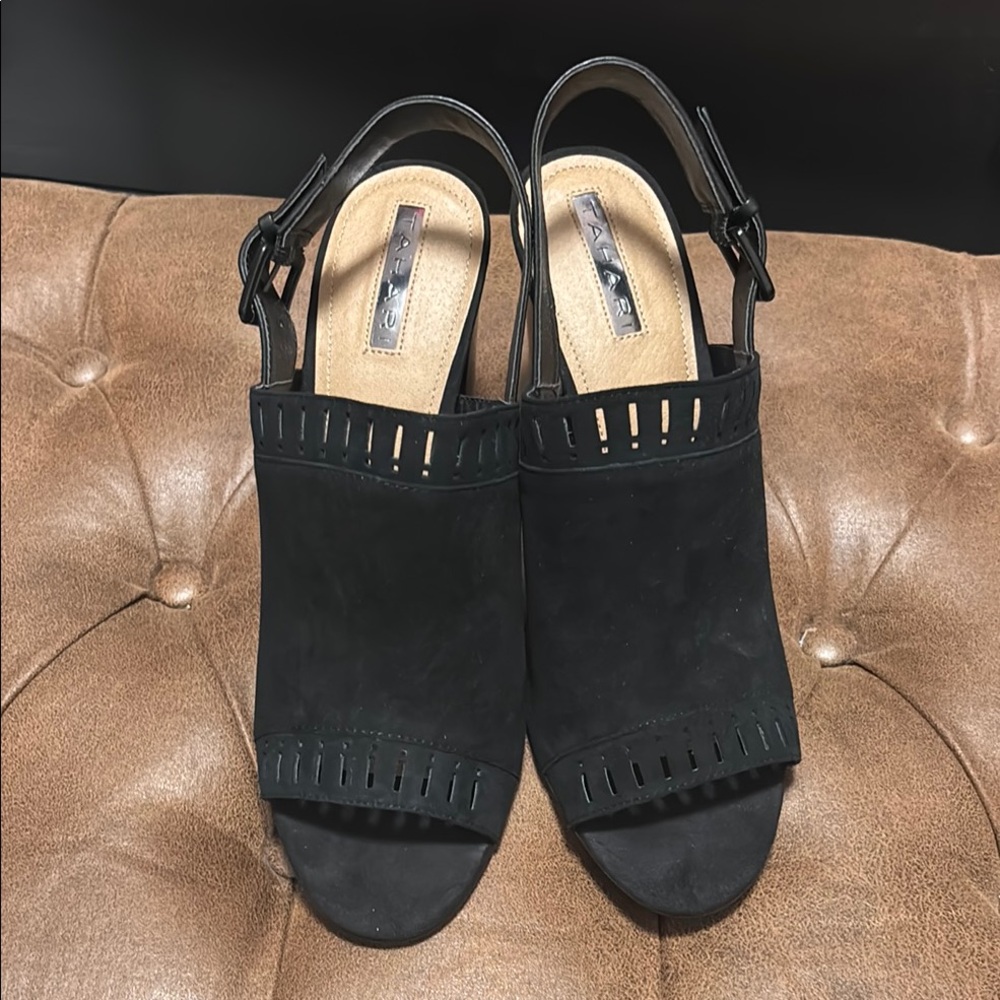 Tahari Black Sandals with Modern Fringe Details